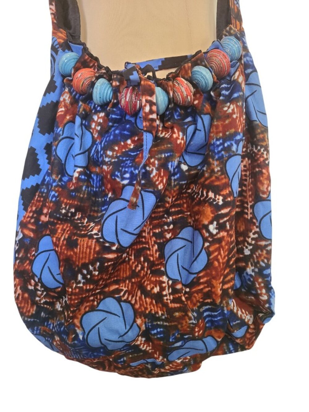 African Design Bag Ankara Fabric Double Handle Traditional Large Beads Boho